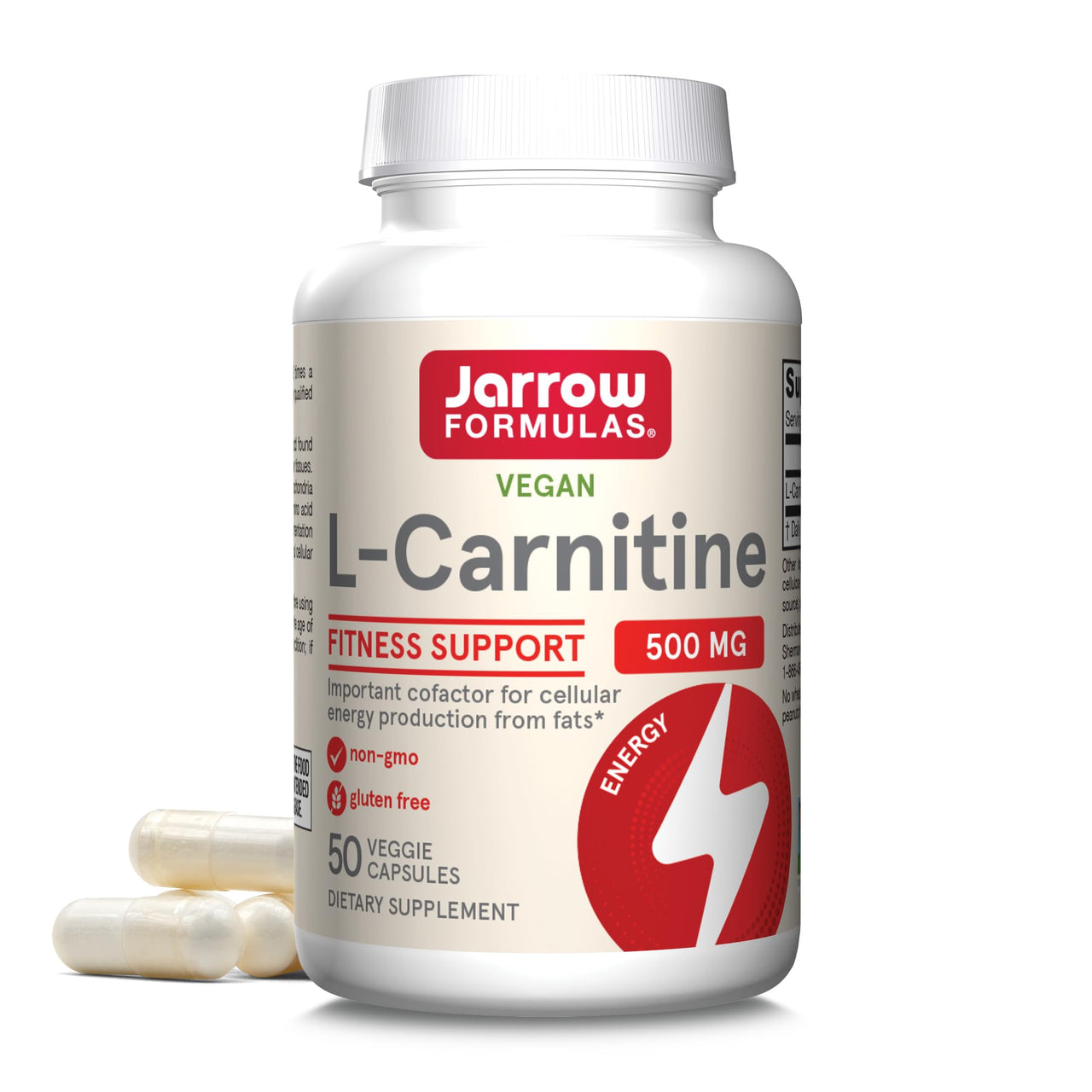 Jarrow Formulas® L-Carnitine 500 mg, Dietary Supplement, Support for Cellular Energy Production, 50 Veggie Capsules, 50 Day Supply