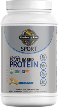 Thumbnail for Organic Vegan Vanilla Protein Powder with Probiotics, BCAAs, 30g Plant Protein, NSF Certified, Gluten Free & Sport, Non GMO, Garden of Life Sport Protein Powder - 19 Servings