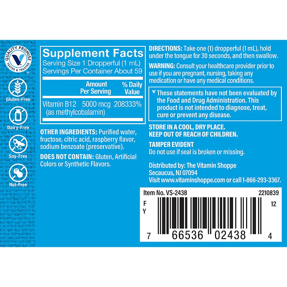 The Vitamin Shoppe Liquid B12 Methylcobalamin 1000 MCG - Energy Production | Raspberry Flavor Drops | 2 oz | Fast Absorption