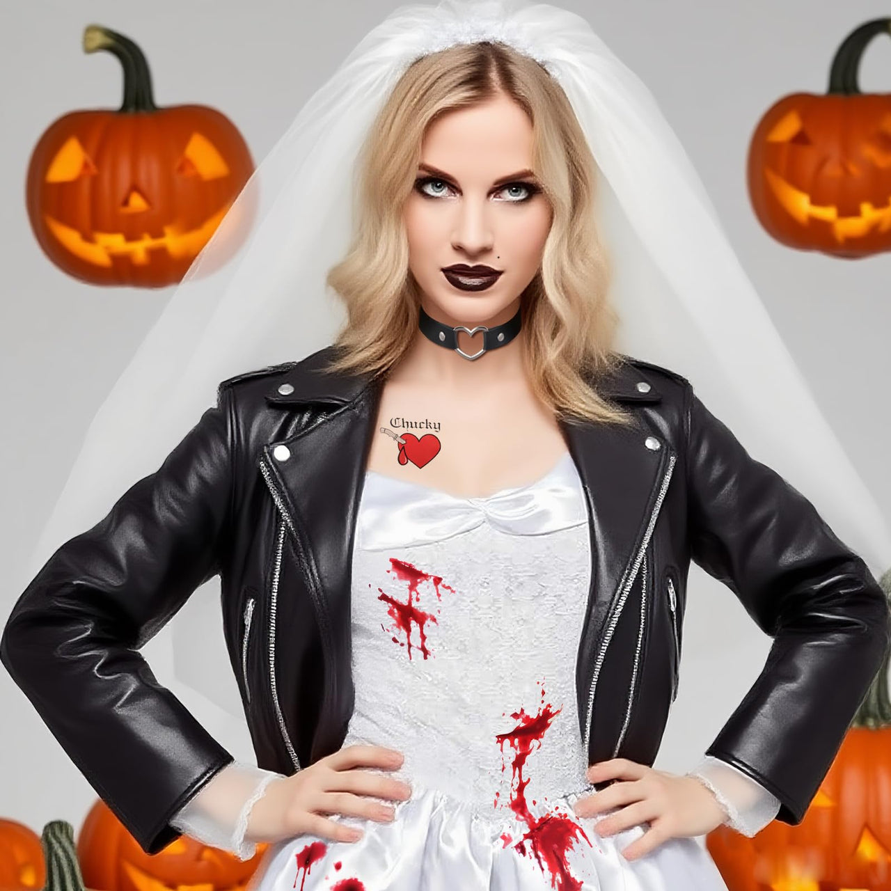 Go Ho Horror Bride Body Paint Makeup Set with Black Lipstick, Adjustable PU Leather Choker, Fake Blood Spray, 3PC Bloody Love Stickers - Halloween Costumes Gothic Bride Punk Accessories Kit