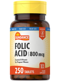 Thumbnail for Sundance Folic Acid 800 mcg | 250 Vegetarian Tablets | Essential B-Vitamin | Vegetarian, Non-GMO, and Gluten Free Supplement