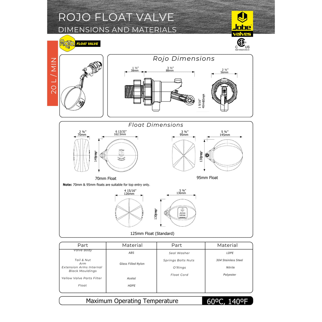 Rojo Float Valve, 3/4", Black/Yellow