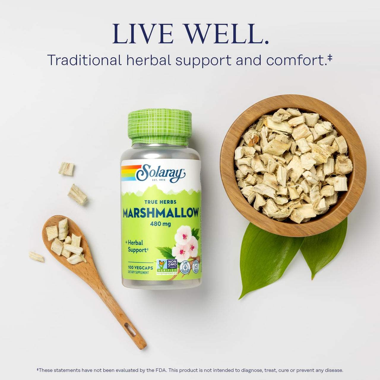 SOLARAY Marshmallow Root Capsules 480 mg - Soothing Herbal Support w/Whole Marshmallow Root - High in Mucilage Soluble Fiber, Vegan, Non-GMO, Lab Verified, 60-Day Guarantee, 100 Servings, 100 VegCaps