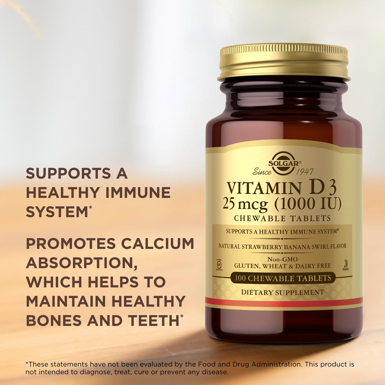 Solgar Vitamin D3 (Cholecalciferol) 25 mcg (1000 IU), Natural Strawberry Banana Swirl - 100 Chewable Tablets - Non-GMO, Kosher - 100 Servings (Pack of 2)