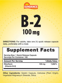 Thumbnail for Sundance Vitamin B-2 | 100mg | 100 Capsules | Essential Vitamin Supplement | Non-GMO and Gluten Free Formula