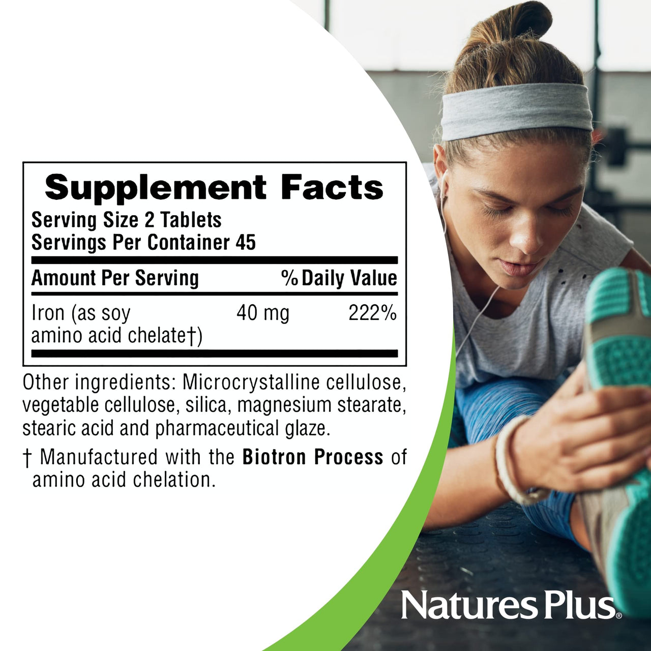 NaturesPlus Iron - 40 mg, 90 Tablets - Vegetarian, Gluten Free - 45 Servings