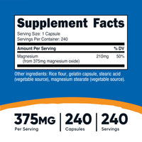 Thumbnail for Nutricost Magnesium Oxide 375mg, 240 Capsules - 210mg of Magnesium, Non-GMO, Gluten Free