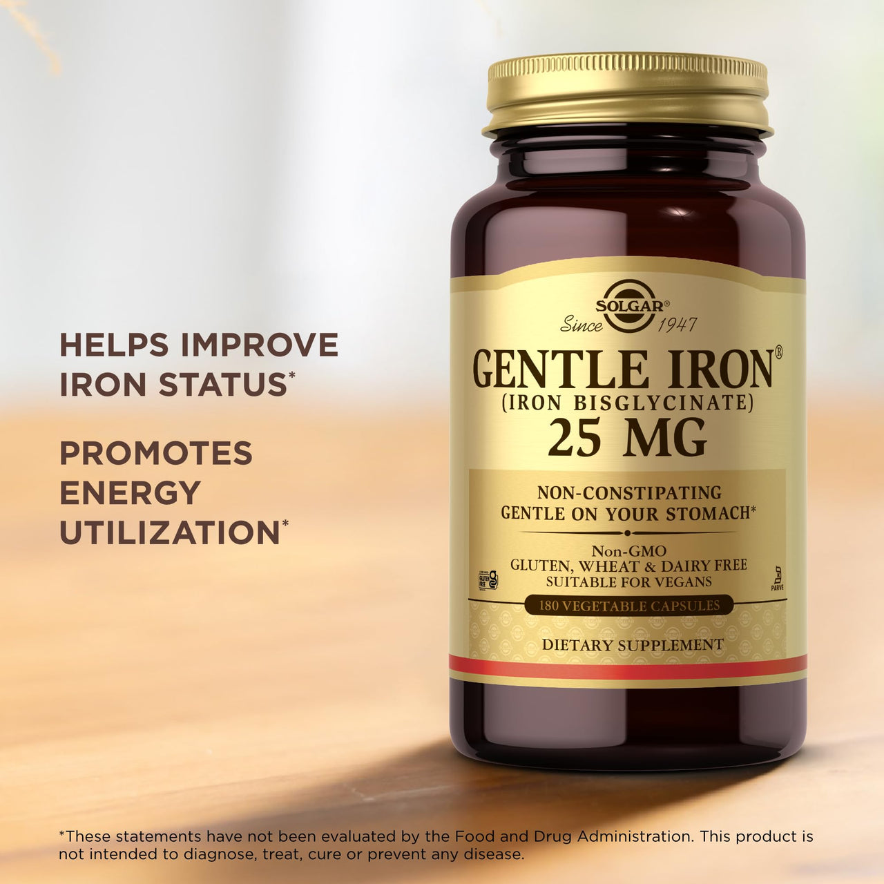 Solgar Gentle Iron, 180 Vegetable Capsules - Ideal for Sensitive Stomachs - Non-Constipating - Red Blood Cell Supplement - Non GMO, Vegan, Gluten Free, Dairy Free, Kosher - 180 Servings