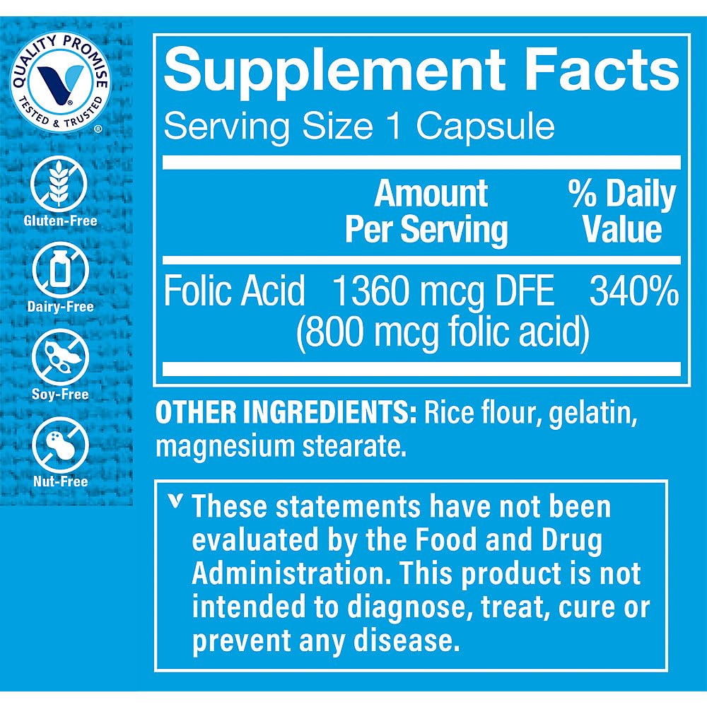 The Vitamin Shoppe Folic Acid 800MCG, Supports Prenatal Fetal (300 Capsules)