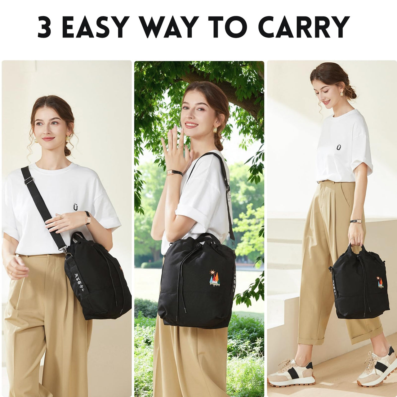 Women Canvas Tote Handbags Casual Shoulder Work Bag Crossbody Bag with Sunshine Embroidery (Black)