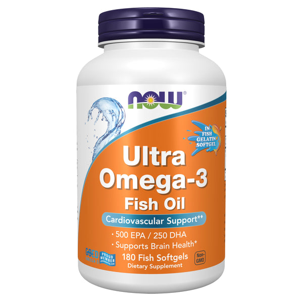 NOW Foods Supplements, Ultra Omega-3, 500 EPA and 250 DHA, Cardiovascular Support*, 180-Fish Gelatin Softgels