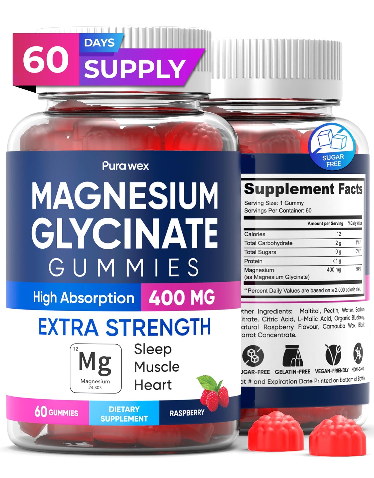 Magnesium Glycinate Gummies 400mg, High Absorption Magnesium Supplement for Women, Men and Kids, Muscle Support and Relaxation, Sugar Free, Vegan, 60 Days Supply