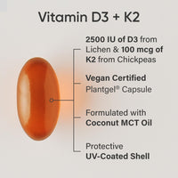 Thumbnail for Sports Research® Vitamin D3 + K2 w/Coconut Oil - Vegan Vitamin D 2500iu (62.5mcg) & Mk7 Vitamin K 100mcg for Bone & Immune Support - Vegan Certified · Non-GMO · Soy Free - 60 Softgels