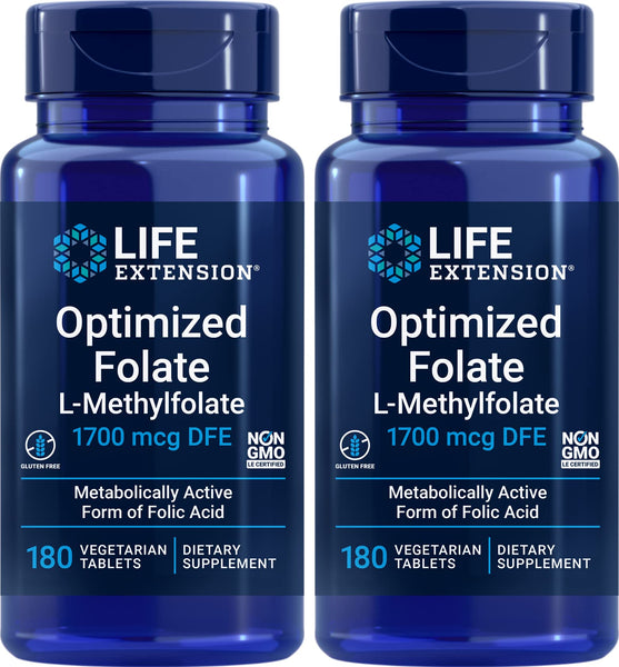 Life Extension Optimized Folate (L-Methylfolate) 1700 mcg DFE, 180 Veg Tablets (Pack of 2)