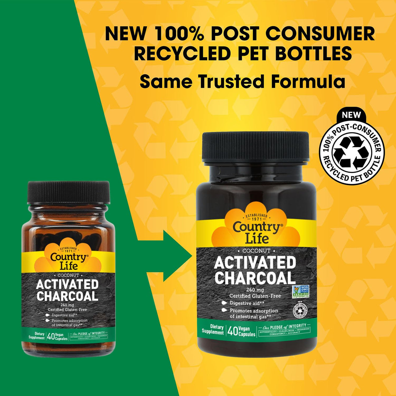 Country Life Coconut Activated Charcoal Capsules, 260mg – Natural Charcoal Supplement for Gas and Bloating Relief - Gluten-Free, 40 Vegan Capsules