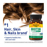 Thumbnail for Country Life Biotin 1mg Supports Healthy Hair, Skin & Nails, 100 Tablets, Certified Gluten Free, Vegan, Halal, Non-GMO Verified