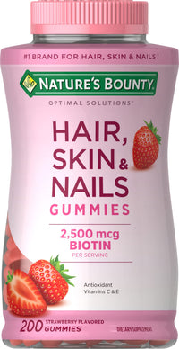Thumbnail for Nature's Bounty Optimal Solutions Hair, Skin and Nails Gummies with Biotin, 2500 mcg, Strawberry Flavored, 200 Count, 100 Total Servings