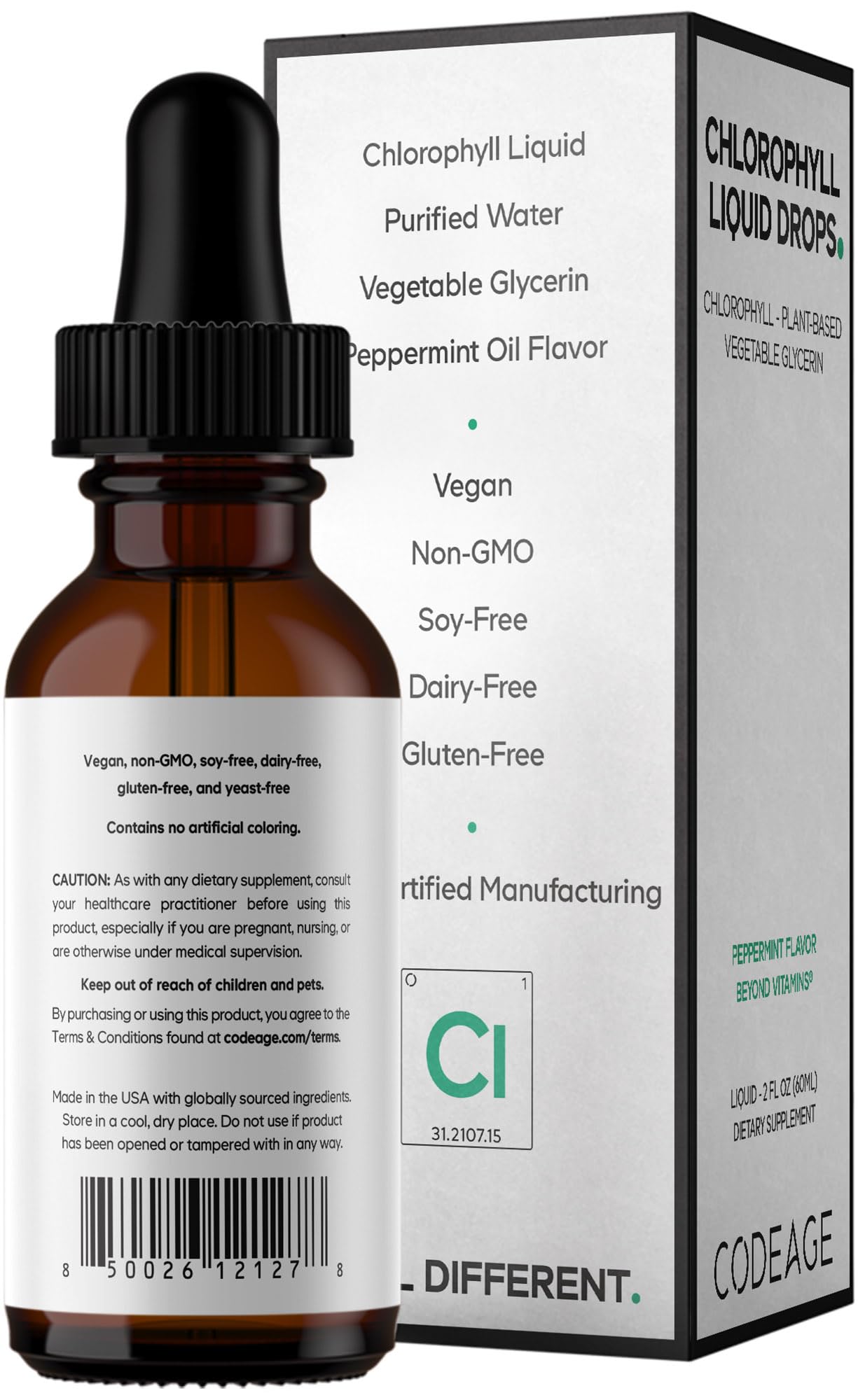 Codeage Chlorophyll Liquid Drops Supplement - Vegan Chlorophyll 50 mg per Serving, Organic Peppermint Flavor Clorofila Drink - Non-GMO, Gluten-Free, Vegan - 2 fl oz