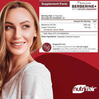 Thumbnail for NutriFlair Premium Berberine HCL 1200mg, 120 Capsules - Plus Pure True Ceylon Cinnamon, Berberine HCI Root Supplements Pills - Immune System - yields an Optimal 8% HCl