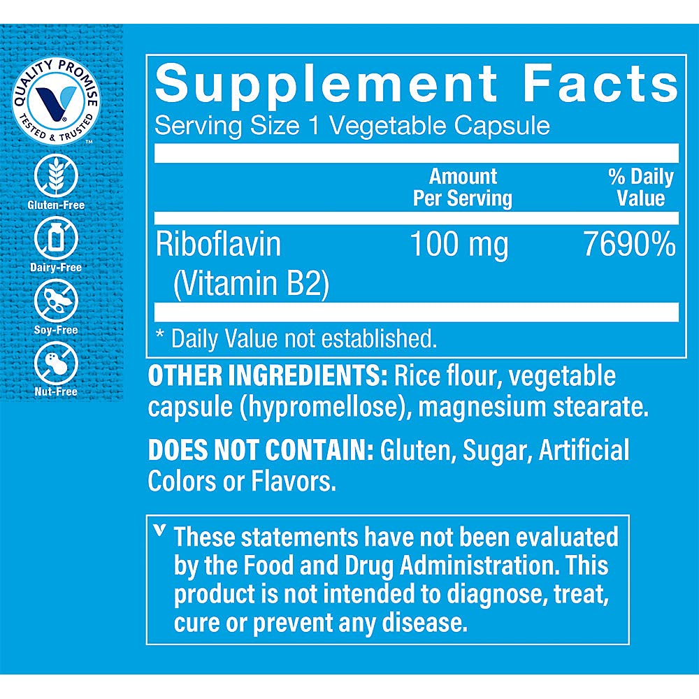 The Vitamin Shoppe Riboflavin Vitamin B2 100mg - Energy Production & Metabolism | Nervous System Support | 100 Capsules | Essential B