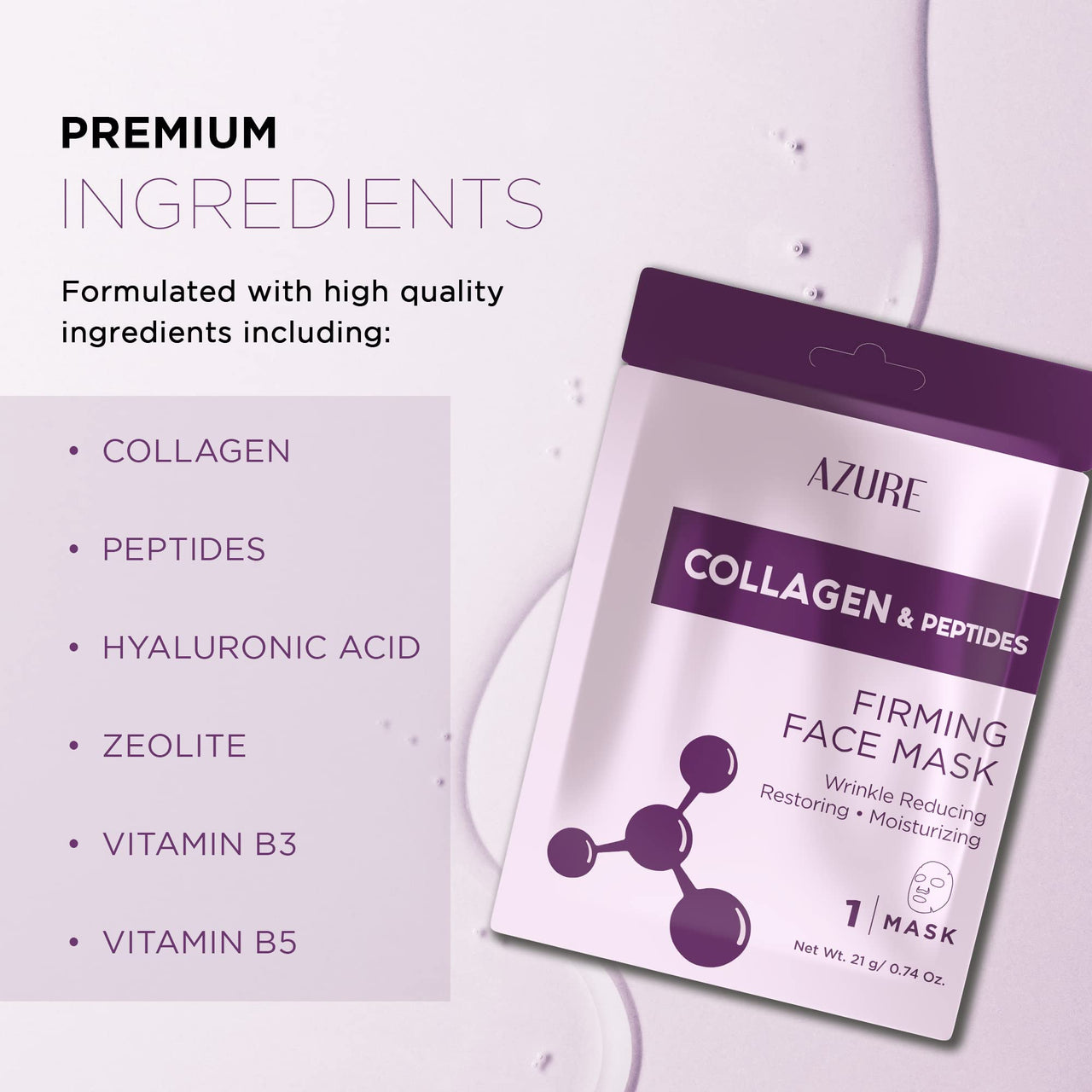Azure Cosmetics Collagen & Peptides Lifting Facial Sheet - Restoring, Smoothing & Moisturizing Face Mask - Helps Reduce Fine Lines & Wrinkles, Smooths & Repairs - Skin Care Made in Korea - Pack of 5
