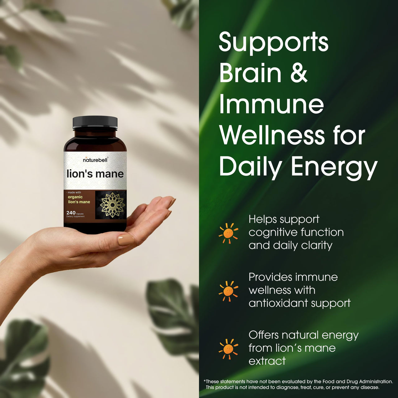 NatureBell Lion’s Mane - 240 Capsules - Organic Fruiting Body & Mycelium - Brain, Immune & Energy Support* - High-Potency Extract - Non-GMO & Gluten-Free