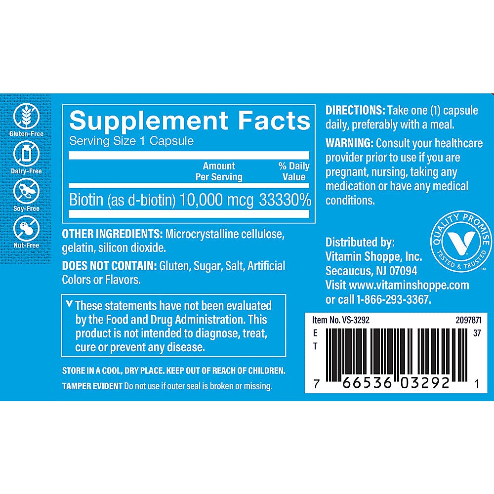 The Vitamin Shoppe Biotin 1,000MCG - Hair Growth, Skin Health & Nail Strength Support, High Potency B Vitamin (120 Capsules)