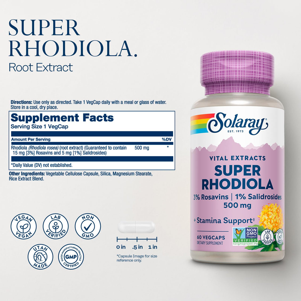 Solaray Super Rhodiola 500mg - Rhodiola Rosea Root Extract Supplement, Adaptogenic Herb Support for Focus, Stress, and Energy, Vegan Pills, Non-GMO - 60 Vegetarian Capsules