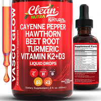 Thumbnail for Clean Nutra Cayenne Pepper Drops Supplement Liquid + Hawthorn Berry, Vitamin D3 K2 Beet Root Powder, Ceylon Cinnamon, Turmeric Curcumin, Organic Panax Ginseng, Berberine Extract 1 Pack