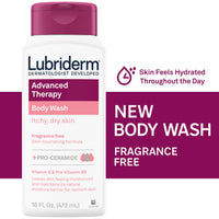 Thumbnail for Lubriderm Advanced Therapy Body Wash, Unscented Nourishing Cleanser with Pro-Ceramide, Vitamin E & Pro-Vitamin B5 Gently Cleanses Itchy, Dry Skin, Fragrance Free, Hypoallergenic, 16 fl. oz