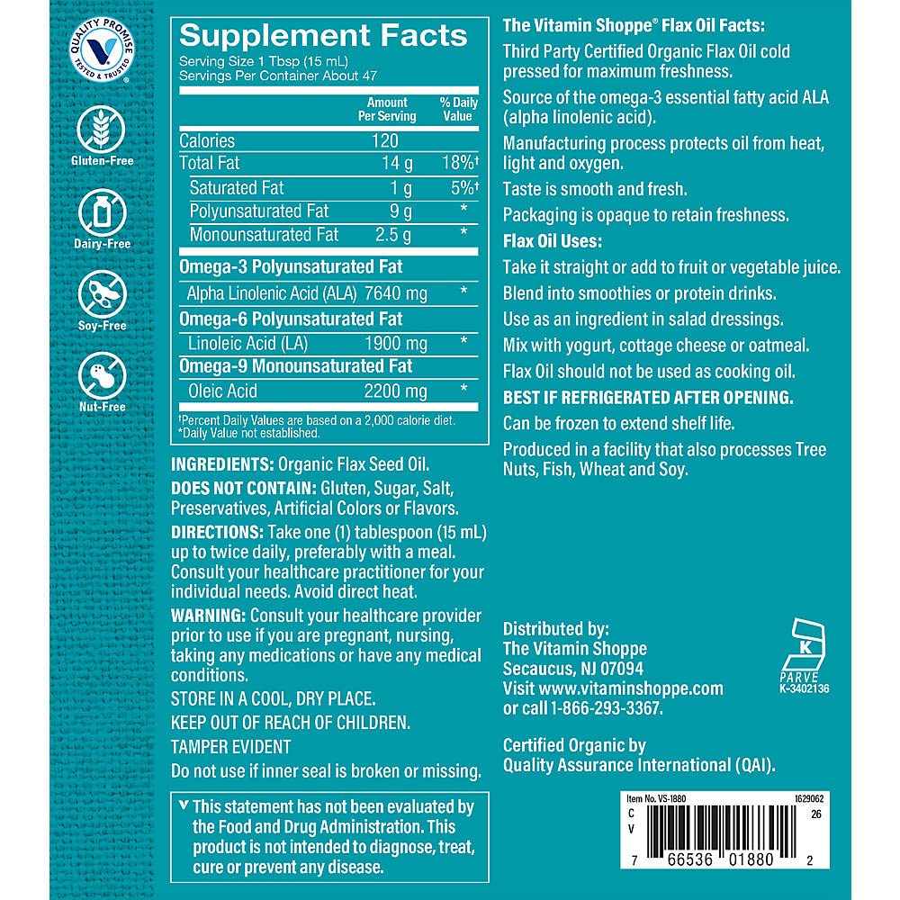 The Vitamin Shoppe Certified Organic Flax Seed Oil, Essential Fatty Acids That Supports Cardiovascular Health (24 Fluid Ounces Liquid)