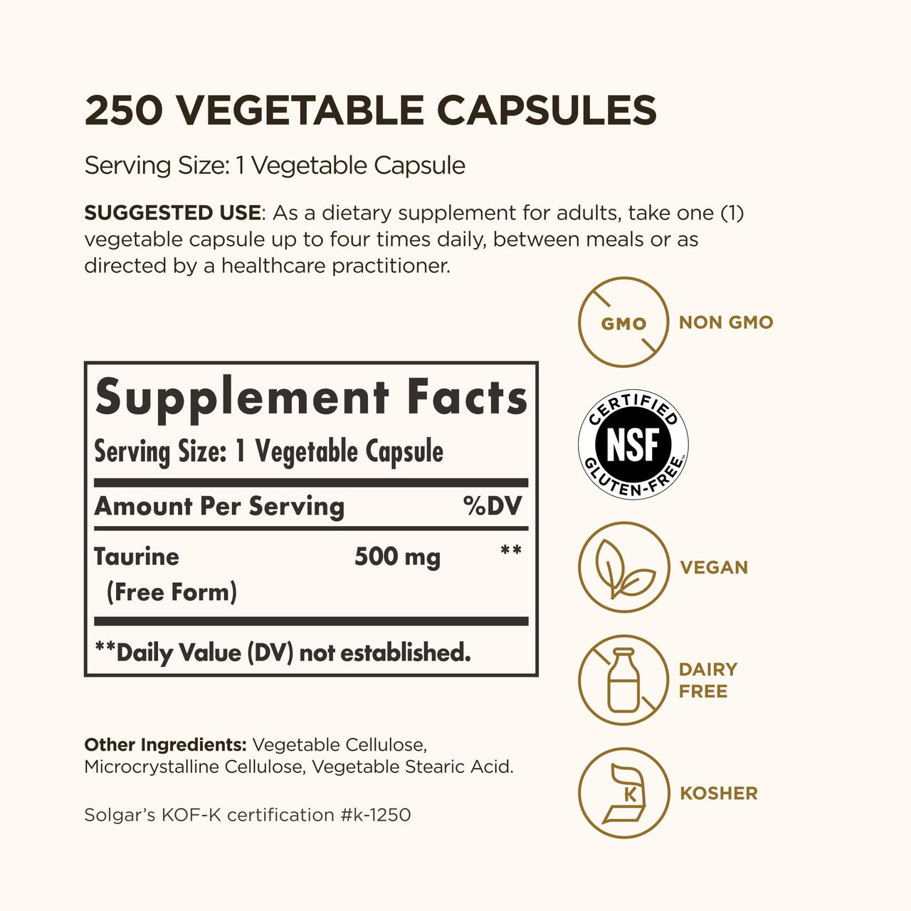 Solgar Taurine 500 mg, 250 Vegetable Capsules - Antioxidant - Brain Health - Amino Acid - Vegan, Gluten Free, Dairy Free, Kosher - 250 Servings
