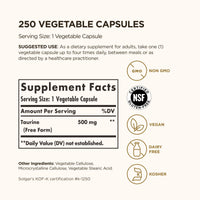 Thumbnail for Solgar Taurine 500 mg, 250 Vegetable Capsules - Antioxidant - Brain Health - Amino Acid - Vegan, Gluten Free, Dairy Free, Kosher - 250 Servings