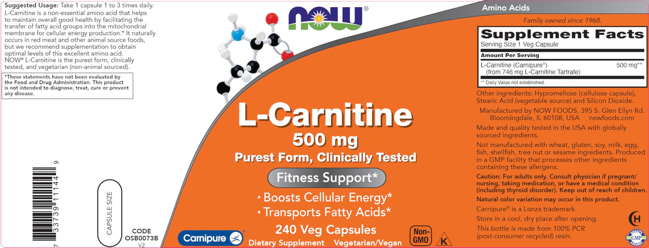 NOW Foods L-Carnitine 500 mg, 240 Veg Caps - Fitness Support* - Purest Form - Non-GMO - Vegan/Vegetarian - 500mg Capsules - Amino Acid Health Supplement