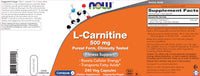 Thumbnail for NOW Foods L-Carnitine 500 mg, 240 Veg Caps - Fitness Support* - Purest Form - Non-GMO - Vegan/Vegetarian - 500mg Capsules - Amino Acid Health Supplement