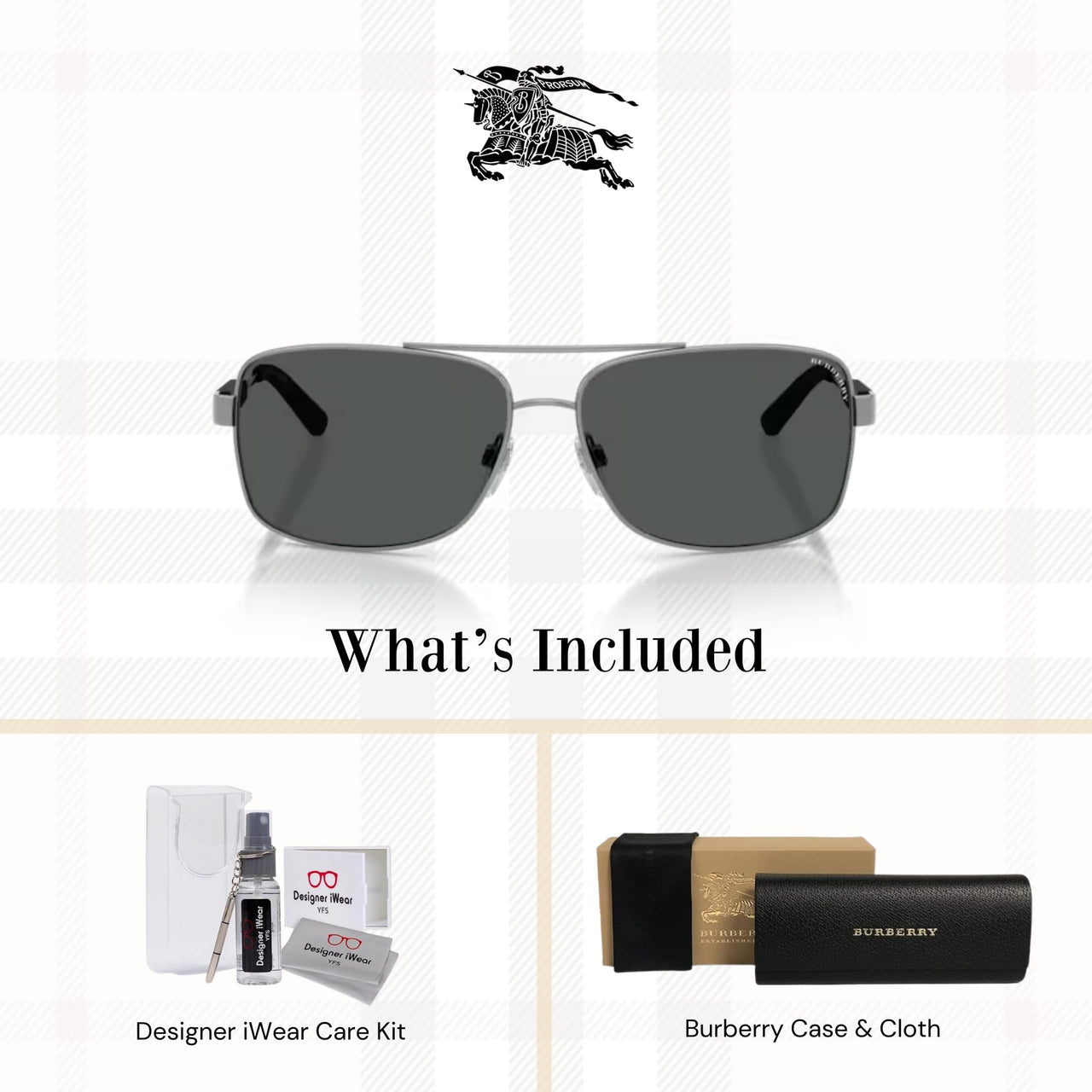 BURBERRY BE3074 100387 63M Gunmetal/Grey Rectangle Sunglasses For Men+ BUNDLE with Designer iWear Eyewear Kit