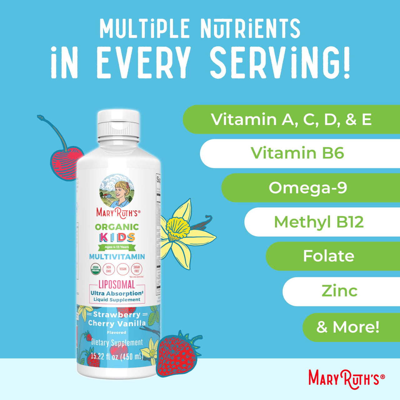 MaryRuth Organics Kids Multivitamin Liposomal | Vegan, Sugar-Free Vitamins for Kids | Ages 4+ | 2 Month Supply | 15.22 Fl Oz