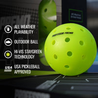 Thumbnail for Professor Pickleball PREMO40 Outdoor Pickleball Balls - Tournament Grade USAPA Approved Pickleball Balls - 4 Pack of pickleballs, 12 Pack, 36 Pack, 100 Pack