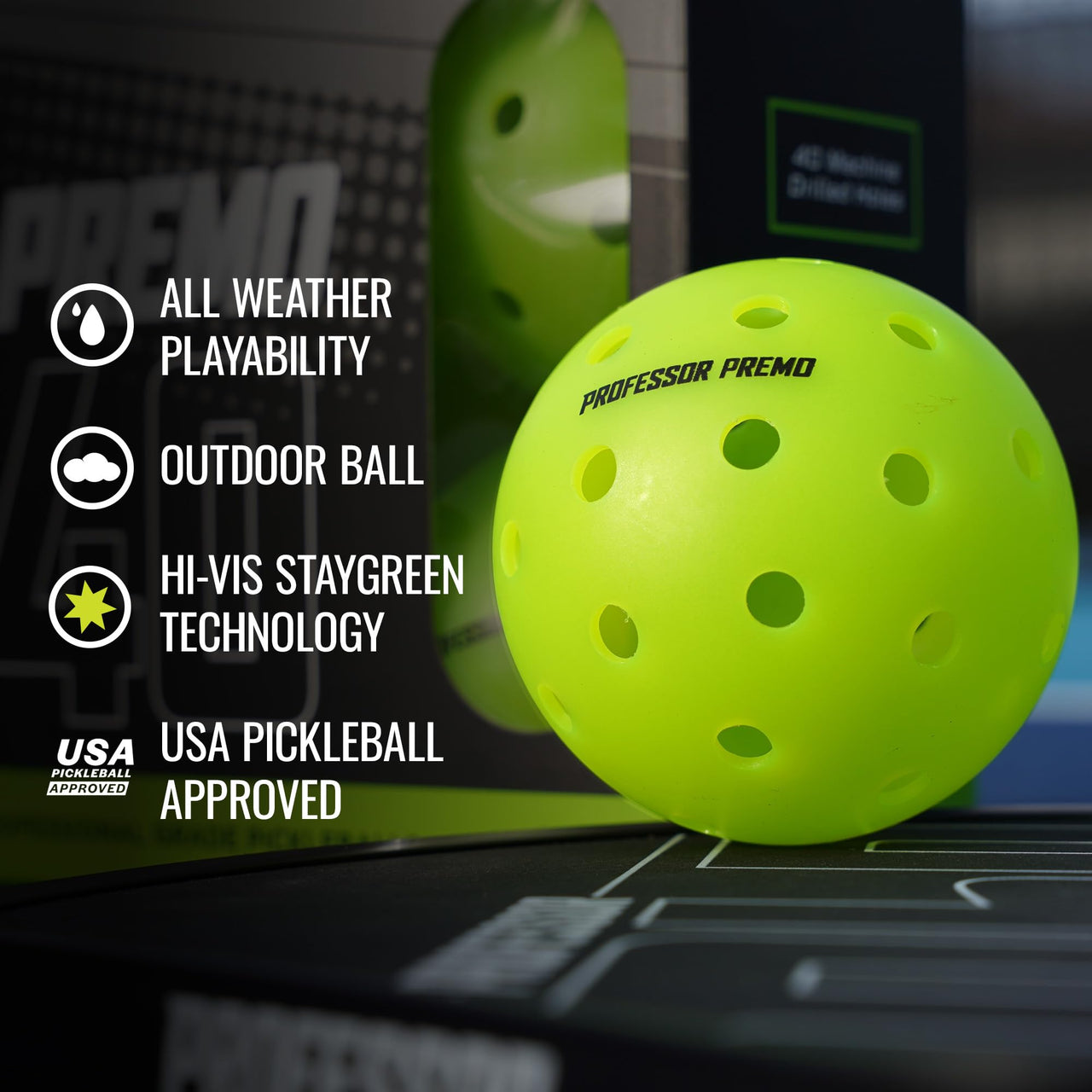 Professor Pickleball PREMO40 Outdoor Pickleball Balls - Tournament Grade USAPA Approved Pickleball Balls - 4 Pack of pickleballs, 12 Pack, 36 Pack, 100 Pack