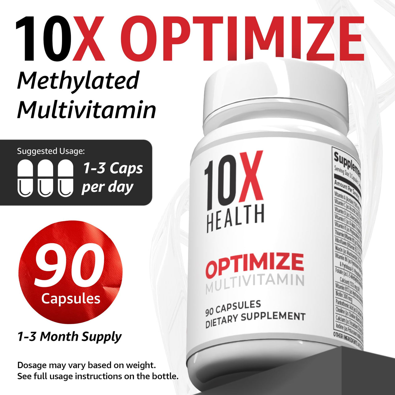 10X Health Optimize Methylated Multivitamin for Men - 90 Capsules, 34 in 1 Formula with 800 mcg of Vitamin B12, 5-MTHF, NAC - Methyl B Complex