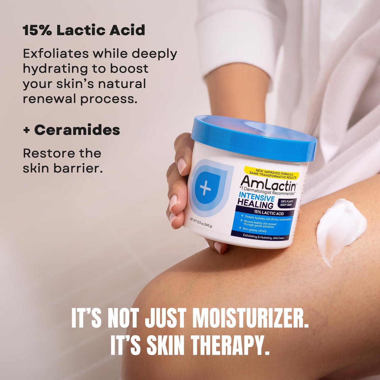 AmLactin Intensive Healing - Therapeutic Body Cream for Extremely Dry Skin - No-Scrub Exfoliator and Moisturizer with 15% Lactic Acid AHA and Ceramides, 12 oz (Packaging May Vary)