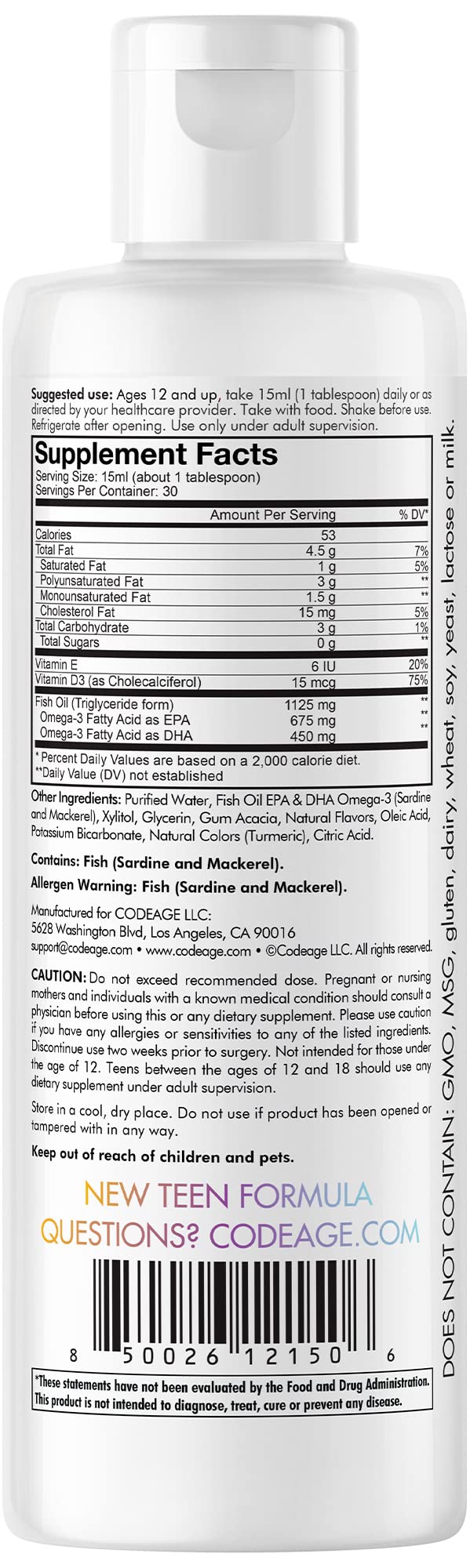 Codeage Teen Omega-3 Fatty Acids Liquid Supplement, Fish Oil EPA & DHA for Teenagers, Vitamin D & E, Non-GMO, Sugar-Free, Lemonade Flavor Drops, 16 fl oz