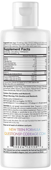Thumbnail for Codeage Teen Omega-3 Fatty Acids Liquid Supplement, Fish Oil EPA & DHA for Teenagers, Vitamin D & E, Non-GMO, Sugar-Free, Lemonade Flavor Drops, 16 fl oz