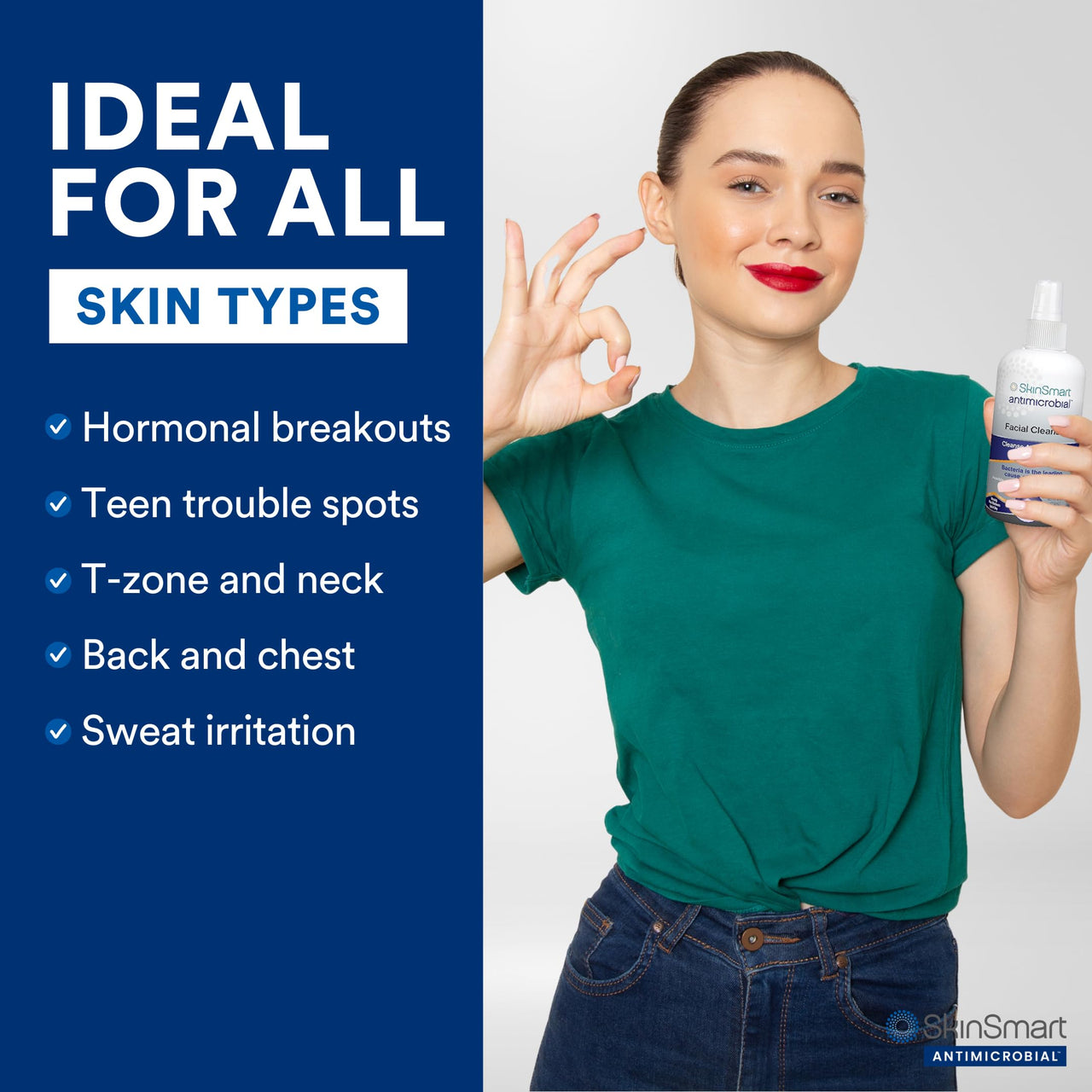 SkinSmart Facial Cleanser for Breakouts, Targets Bacteria for Post-Workout Pimples, Blemishes and Sweat Irritation; 8 oz Spray, Safe for All Ages: Adults and Teens