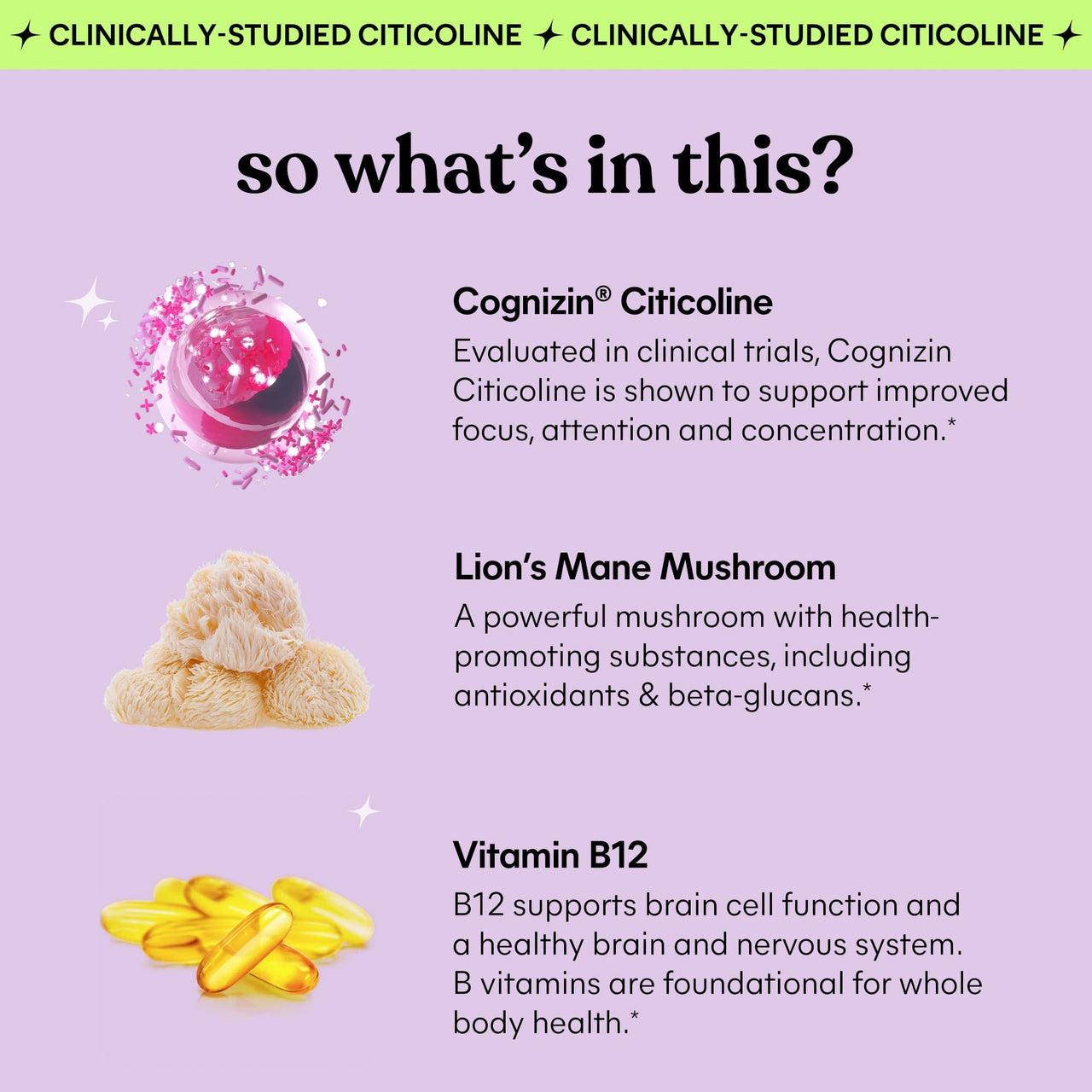 Lemme Focus Concentration & Brain Health Gummies with Cognizin Citicoline, Lion's Mane Mushroom, Vitamin B12 to Support Focus + Concentration - Gluten Free, Caffeine Free, Strawberry (50 Count)