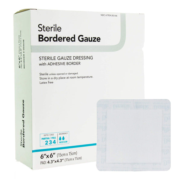 DermaRite's Sterile Bordered Gauze Dressing with Adhesive Border - Flexible Non-Linting Material, First-Aid, Individually Packaged - 6 in. x 6 in., 1 Count, 25 Packs, 25 Total