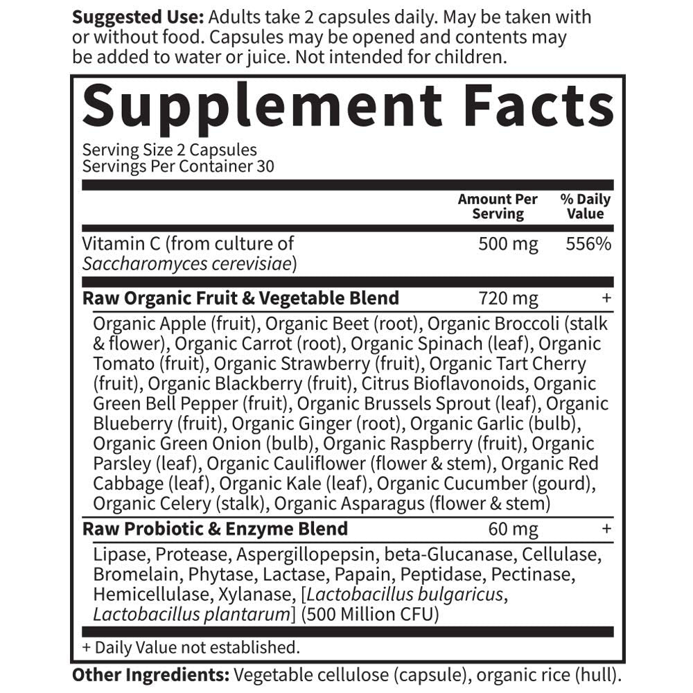 Garden of Life Vitamin Code Raw Vitamin C - 60 Capsules, 500mg Whole Food Vitamin C Capsules + Fruit & Veggie Blend & Probiotics, Supplements for Adults, Vegan, Gluten Free