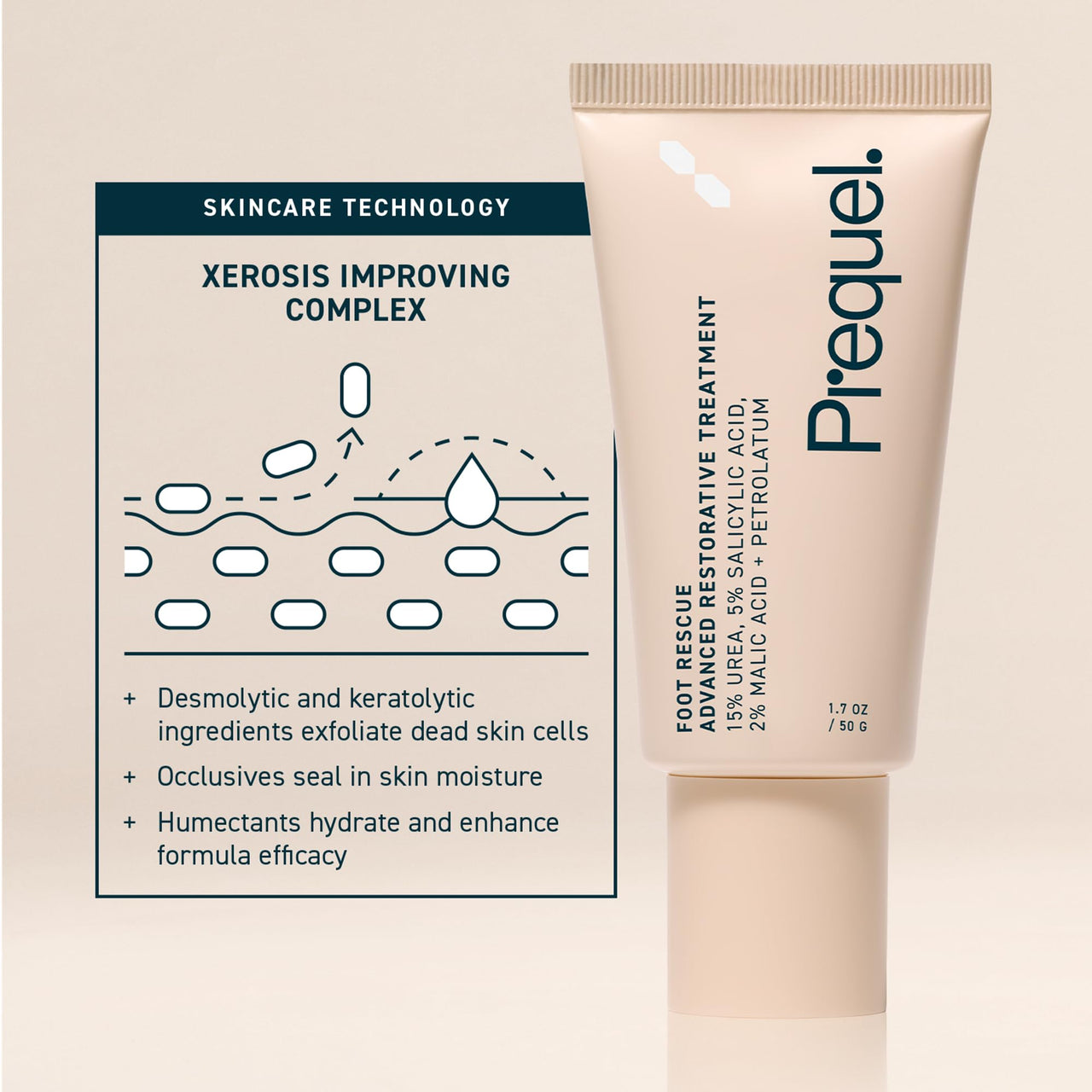Prequel Skin Foot Rescue, Professional Foot Treatment with 15% Urea + Salicylic Acid. Advanced Foot Cream For Dry Cracked Feet. Clinical-Grade Foot Moisturizer. 1.7oz