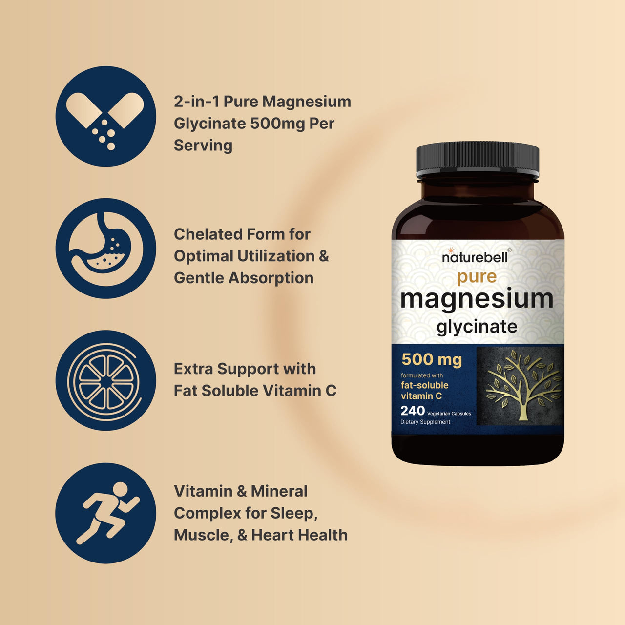 Naturebell Pure Magnesium Glycinate 500mg, 240 Veggie Capsules | 100% Chelated & Purified – 3rd Party Tested, Vegan Friendly, Non-GMO, Fiiler Free