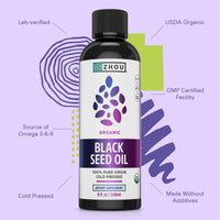 Thumbnail for Zhou Organic Black Seed Oil - Black Cumin Seed Oil Cold Pressed, Nigella Sativa, Pure Unrefined Blackseed Liquid, Premium Supplement for Health with Thymoquinone, Omega 3 6 9 - 8 Fl Oz (Pack of 1)